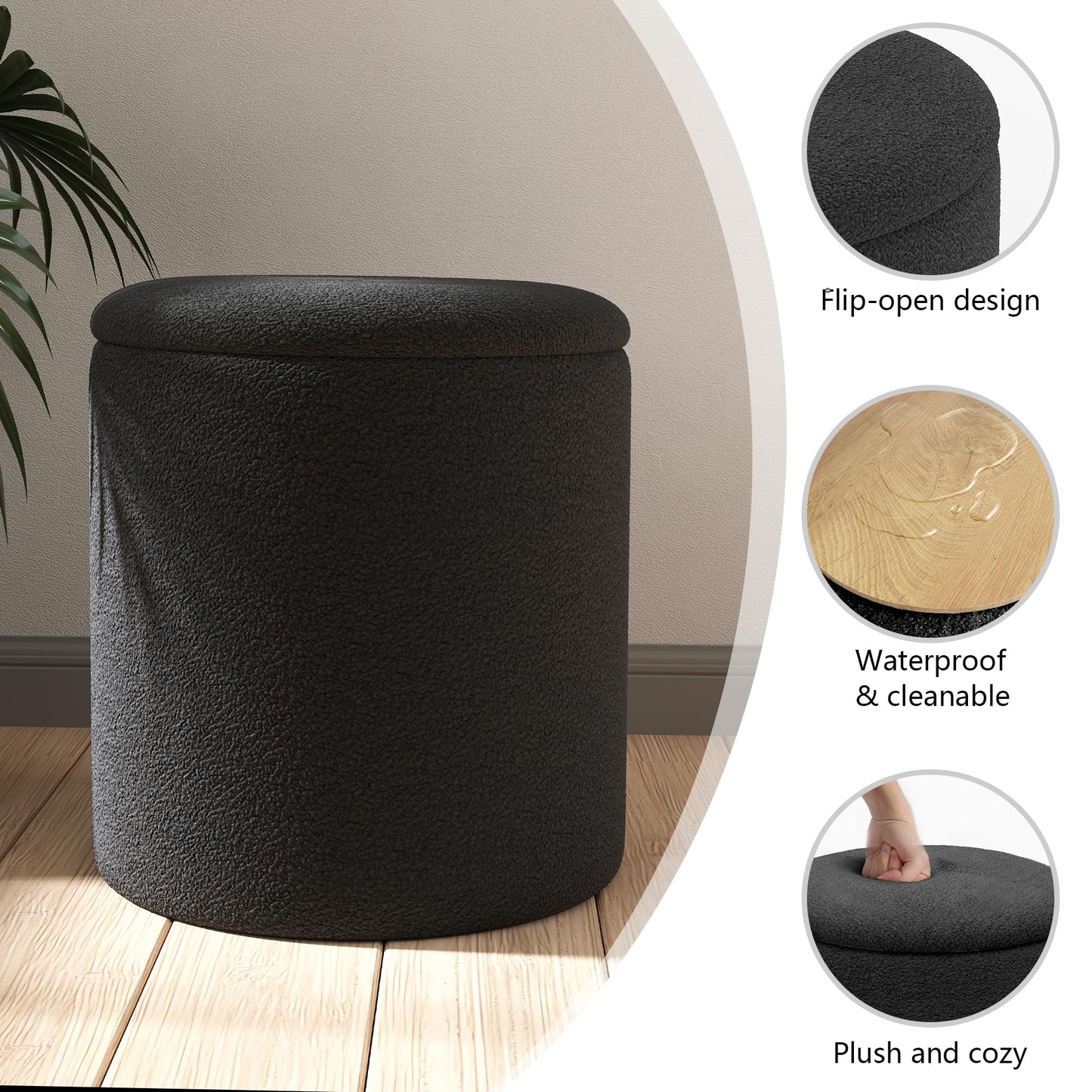 Cmishe Ottoman Poufs with Storage, Soft Upholstered Vanity Stool,Multifunctional Ottomans Coffee Table Padded Seat Foot Rest for Living（Black）