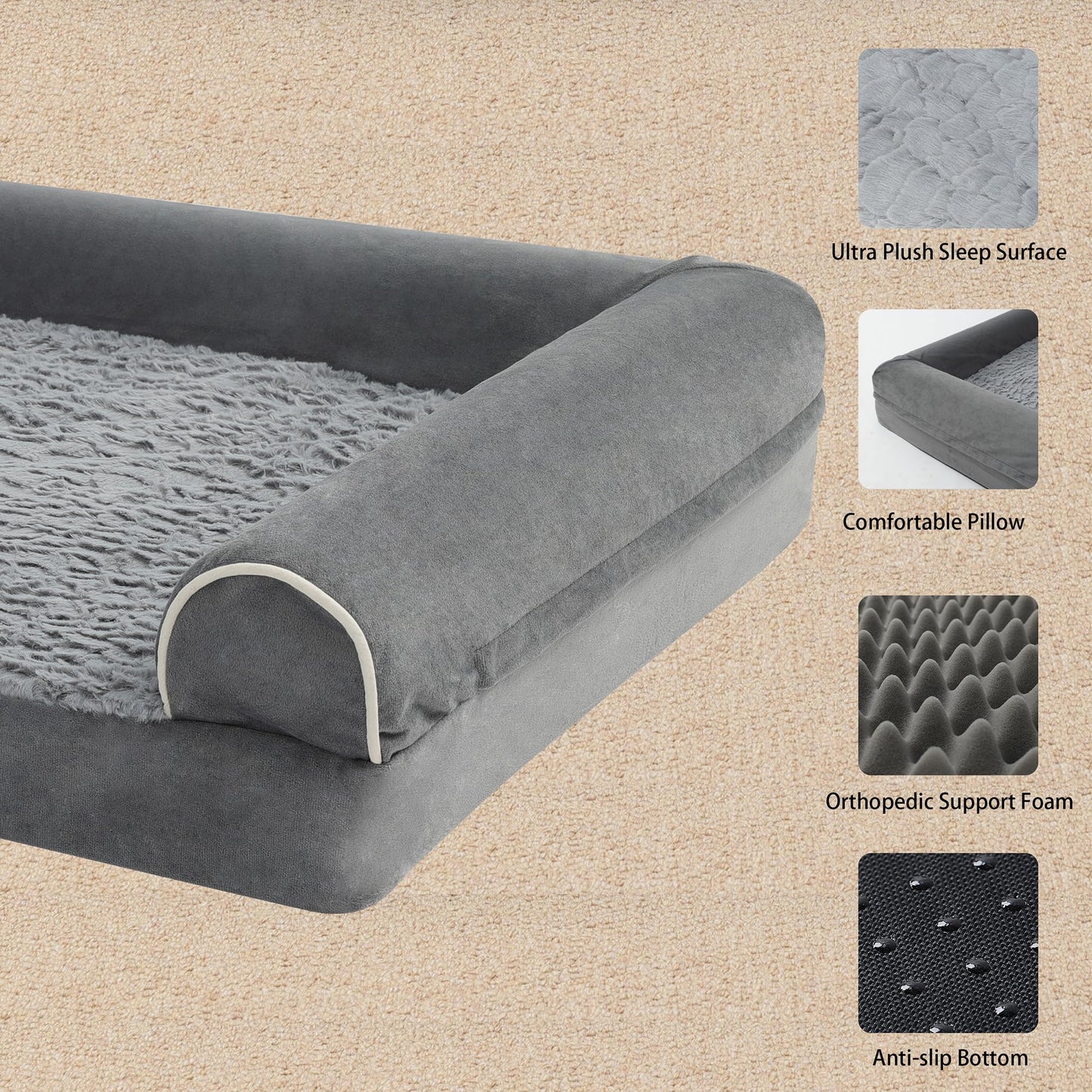 YIZHUOPET Orthopedic Plush U Shape Dog Bed,Medium L Sized Dog 36''X27''x6.5'' Soft Waterproof Egg Foam Pet Crate Beds Mat or Kennel Pads with Removable Washable Cover,Non-Slip Bottom,Grey