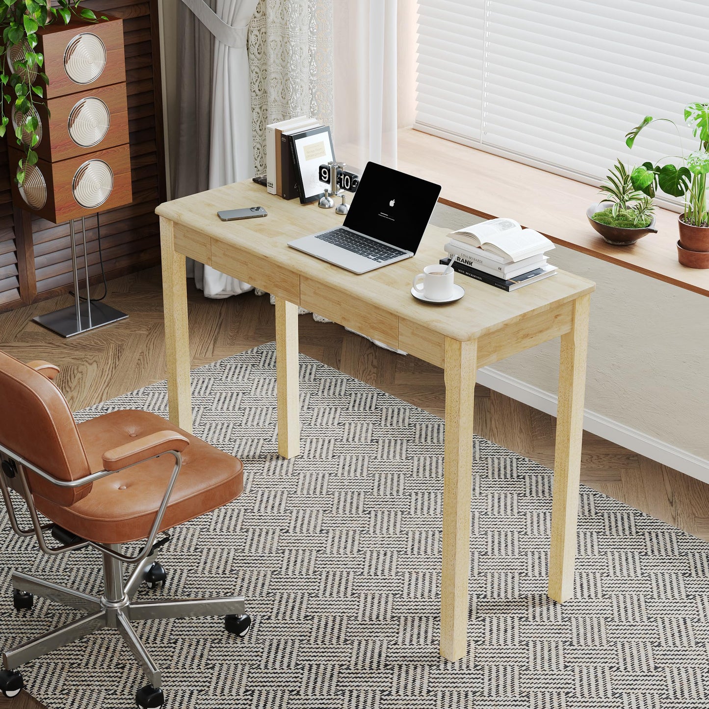Love-KNPTUS Solid Wood Desk with Drawers - 39" Narrow Desks for Small Spaces, Mid Century Modern Desks, Small Wooden Vintage Computer Writing Desk, Study Table for Home Office Bedroom, Natural