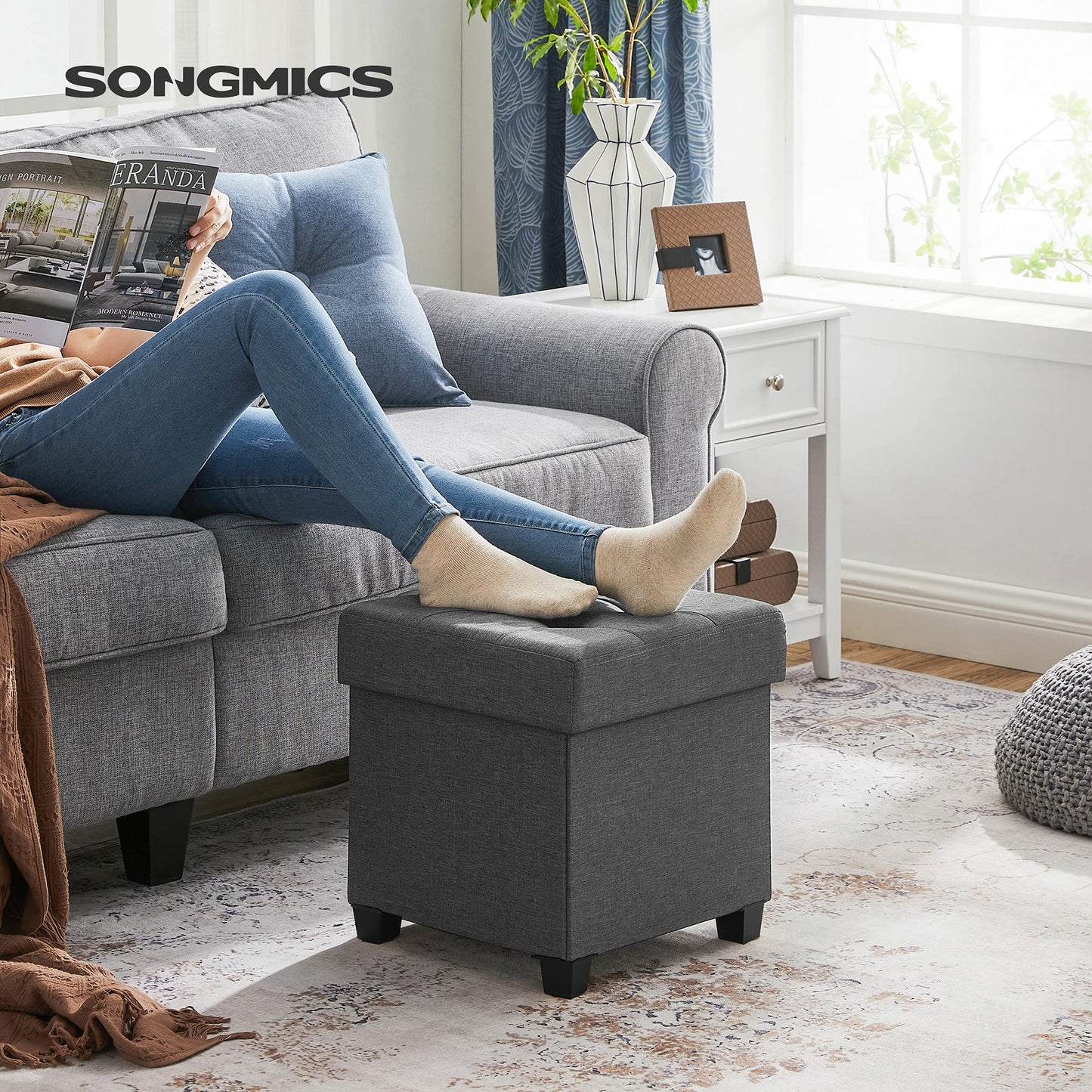 SONGMICS Storage Ottoman, Small Ottoman Foot Rest with Legs, 15 x 15 x 15.7 Inches Foot Stool, Load up to 660 lb, for Living Room, Bedroom, Dorm, Dark Gray ULSF14GYZ