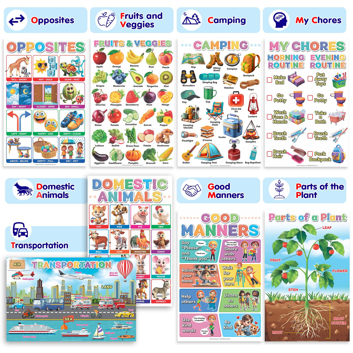 DeeDee's Workshop 16 Educational Posters vol. 2, Toddler Wall Decor, Daycare Essentials, Pre K Learning Materials (English vol. 2)