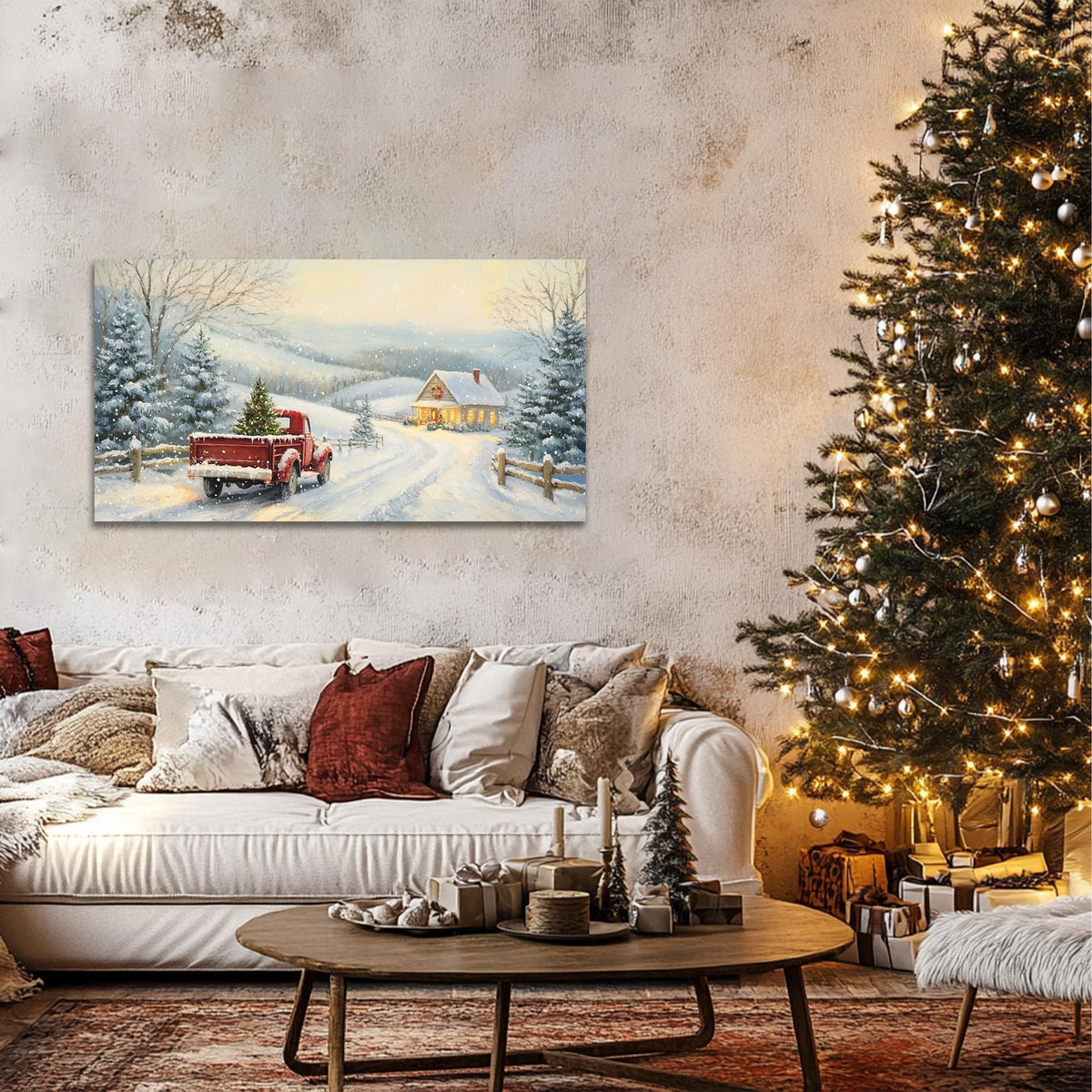 GUTTATY Christmas Canvas Wall Art, Santa Red Truck Winter Snow Scene Canvas Painting, Christmas Wall Decor Artwork, Christmas Hanging Prints Poster for Living Room, Family Home, Indoor, 32x16 Inch