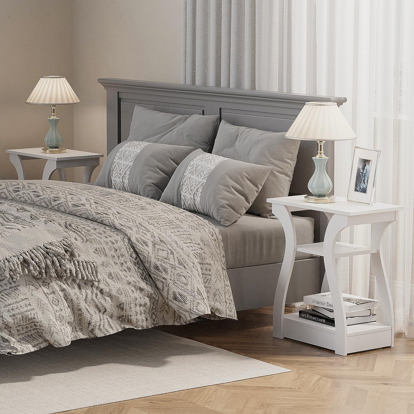 FROMJBEST End Tables Living Room Set of 2,End White Table with Charging Station, Side Table, Nightstand for Bedroom, 3 Tier End Table with Storage Shelf for Living Room White