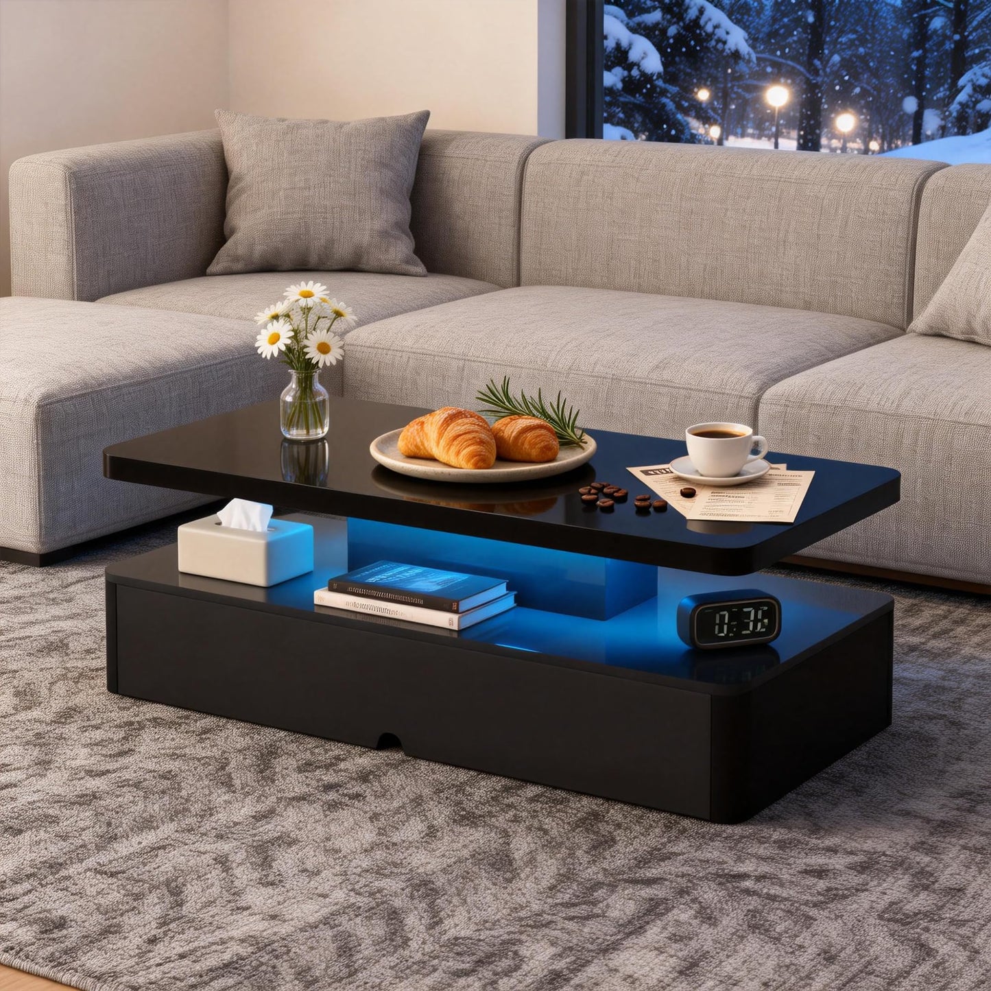 OneBlis 47" Modern Coffee Table with 16 Colors LED Lights, 2 Tier Rectangular Center Table with Large Storage Space, Stylish High Glossy Wooden Tea Tables for Living Room, Bedroom, Home Office, Black