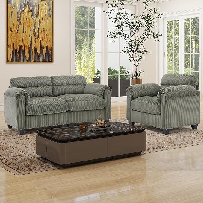 HAOMARKETS Corduroy Sofa Set, Upholstered Armchair and Loveseat