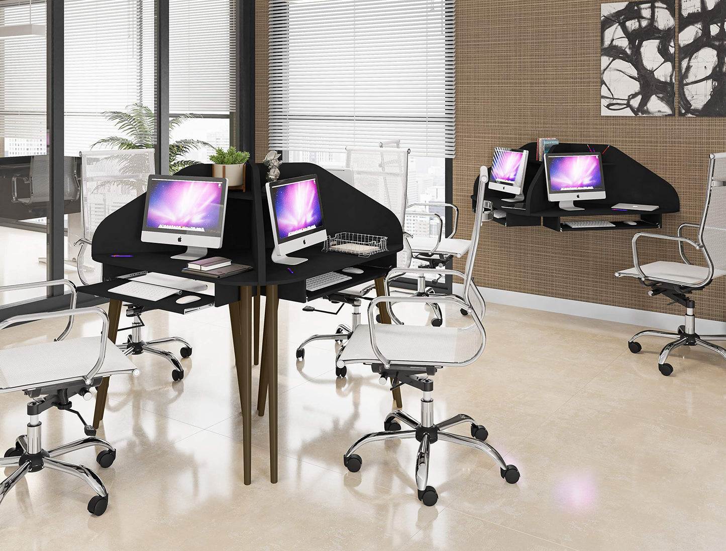 Manhattan Comfort Bradley Mid Century Modern Home Office Cubicle Section Study Desk, 2 Piece, Black