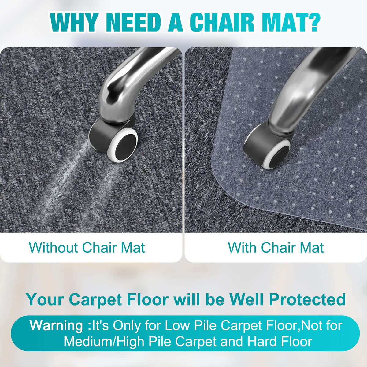 2 Pack Office Chair Mat for Carpets, 48" x 36" Clear Chair Mat for Carpeted Floors, Heavy Duty Under Desk Protector Carpeted Floors Mats, Rolling Computer Floor Mats with Studs for Home and Office