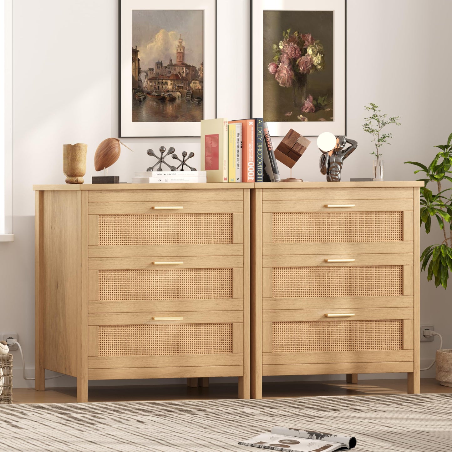 Keehusux Rattan Nightstand with Charging Station, 23.6" Wide Bedside Table with 3 Drawers, Boho Night Stand with Metal Handles, Accent End Table for Bedroom, Guest Room, Natural