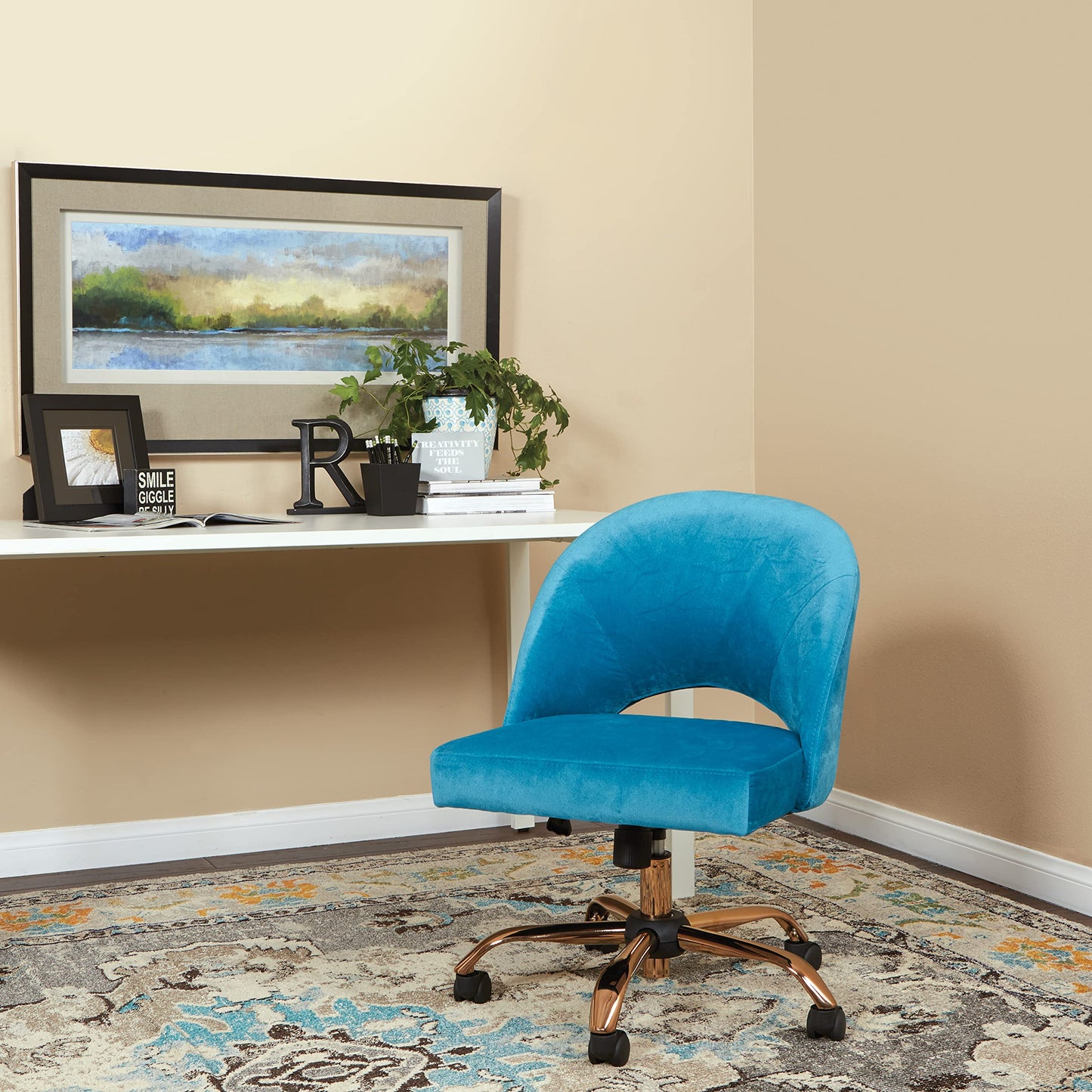 OSP Home Furnishings Lula Adjustable Plush Office Desk Chair with 5-Star Base, Rose Gold with Cruising Fabric