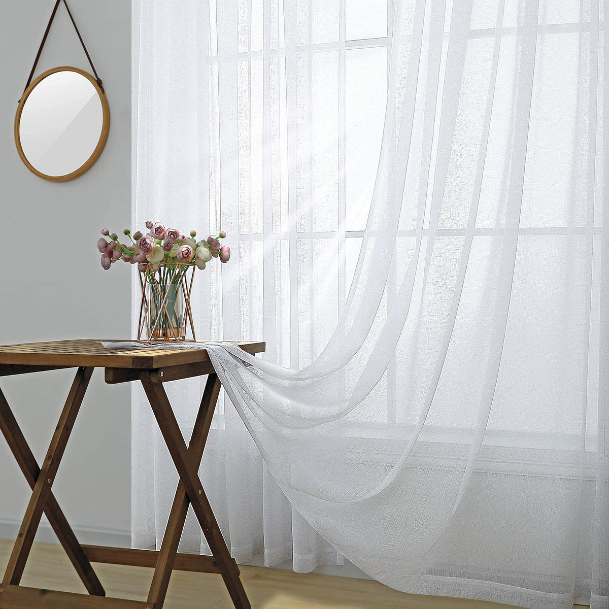 KOUFALL 108 Inch Long White Sheer Curtains,Rod Pocket Linen Look 9 FT High Ceiling Large Window Curtain Drapes 108 Inches Long 2 Panels