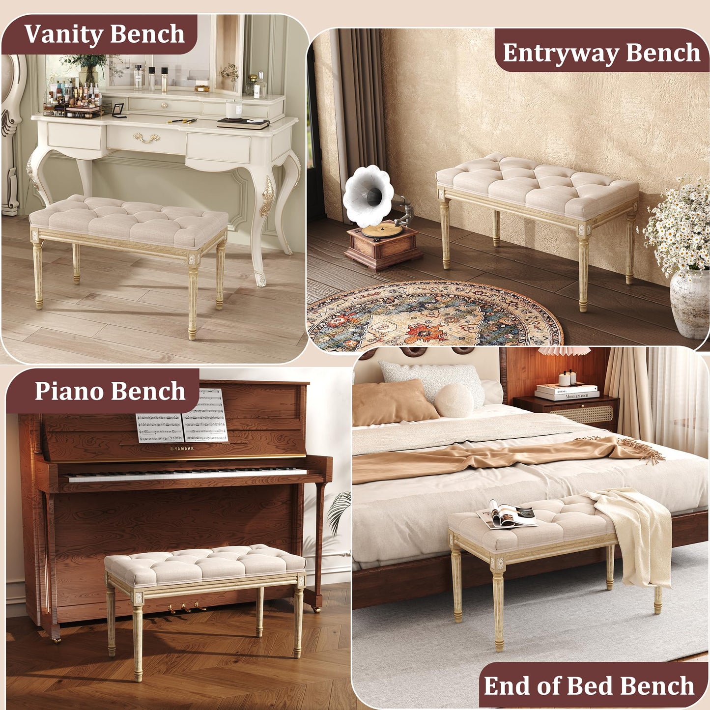 Yusong Upholstered Bench, Bedroom Bench for End of Bed, Piano Bench with Button Tufted Padded Seat for Living Room, Dining, Entryway, Shoe, Vanity Foot-Stool with Carved Wood Legs, Beige