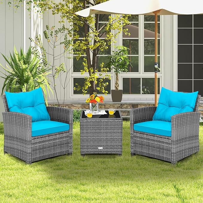 COSTWAY 3PCS Patio Furniture Set, PE Rattan Wicker Sofa w/Washable Cushion and