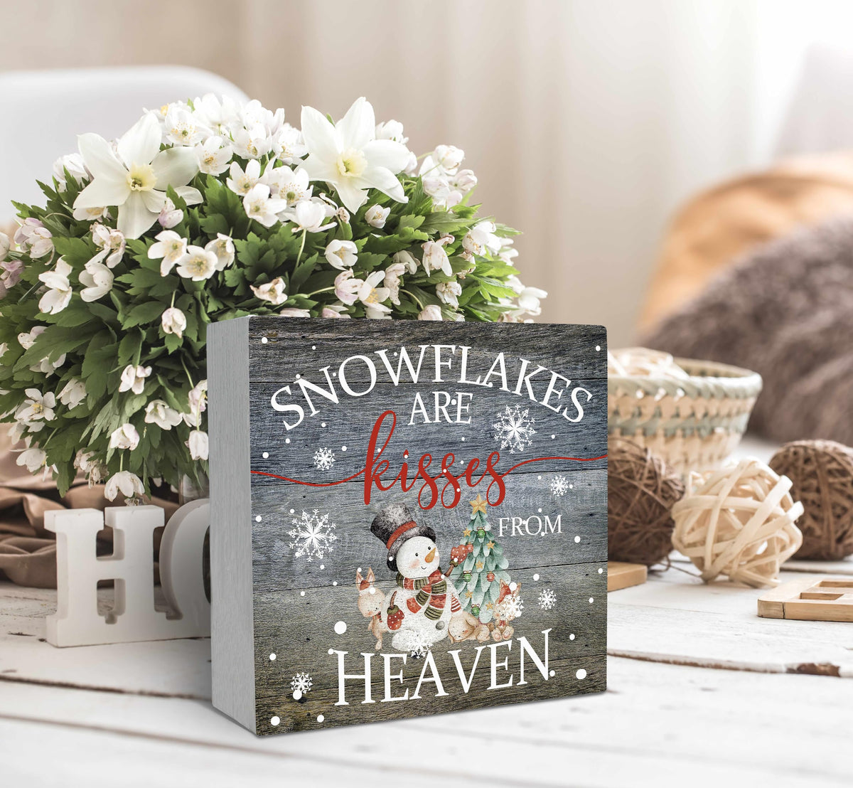SRADMO Christmas Snowflakes are Kisses from Heaven Wood Box Sign Desk Decor, Winter Signs Box Sign Decoration for Home Office, Snowman Decor Signs Plaques