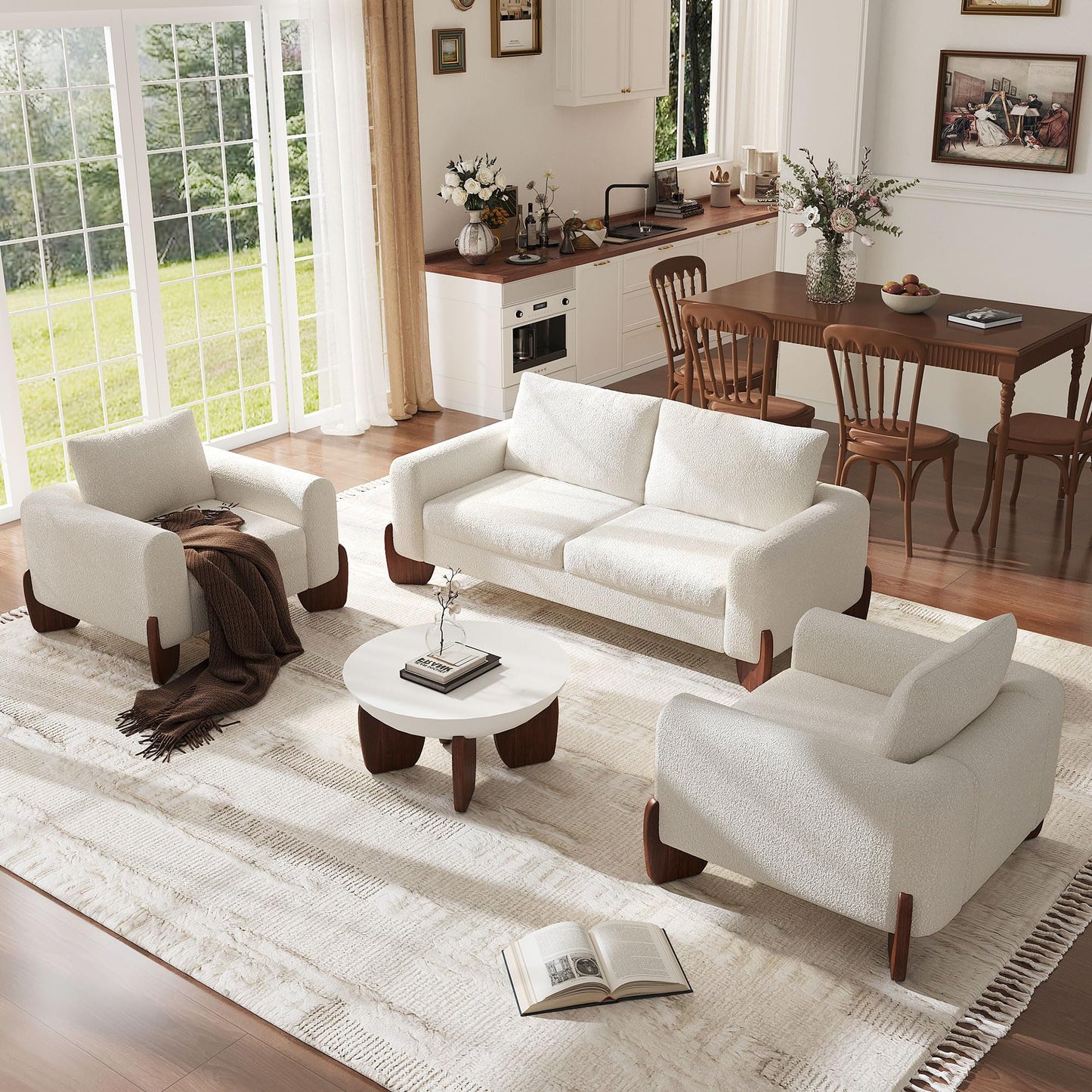 3 Piece Living Room Sofa Furniture Set, Loveseat and 2 Armchairs, Comfortable Modular Sofa for Apartment, Living Room, Beige