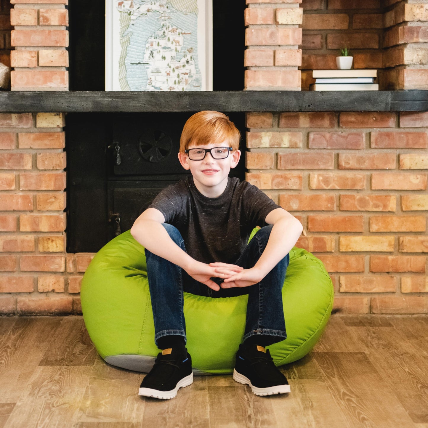 Big Joe Classic Bean Bag Chair for Kids Bedroom and Reading Nook, Easy-Clean Spicy Lime, Durable Nylon Polyester Blend, 2 feet Refillable