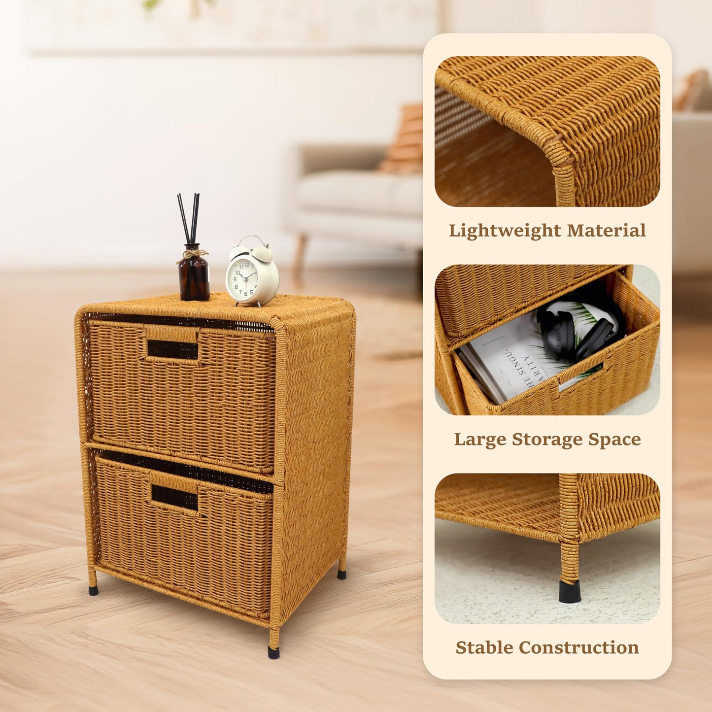 myHomeBody Wicker Nightstand with Drawers, Bed Side Table Bedroom, End Table with Storage, Small Storage Cabinet, Drawers for Bedroom, Latte