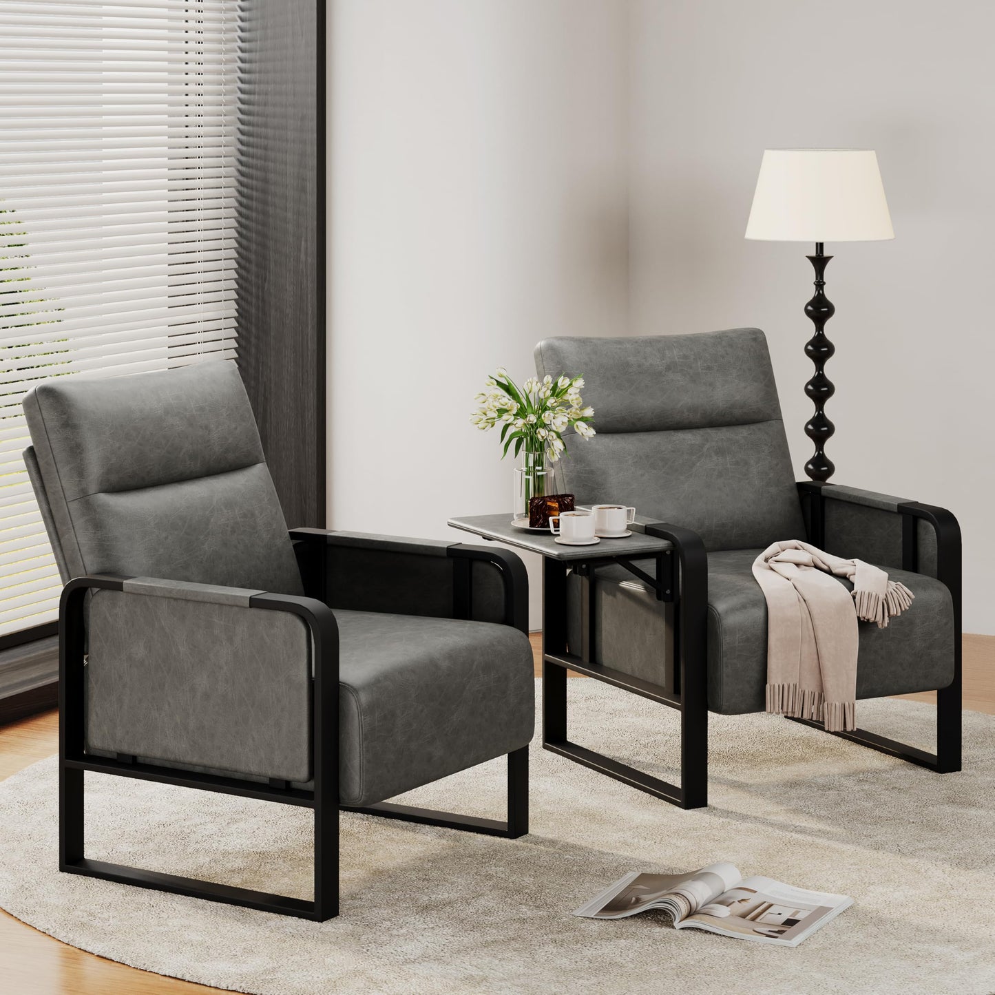 Alunaune Upholstered Living Room Chair Armchair, Mid Century Faux Leather Metal Accent Chair, Reception Couch Office Guest Chair Slipper Club Lounge Single Sofa with Sidetable for Bedroom-Grey