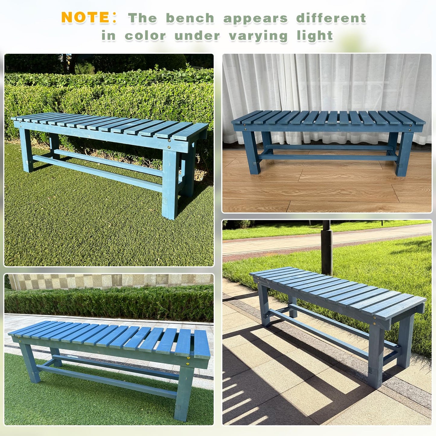 Outdoor Garden Wood Bench, 2-Person Weatherproof Wooden Bench Park Narrow Bench, Never Rot or Fade Waterproof Backless Bench for Entryway, Outdoor, Patio, Porch, Backyard and Park (Blue, 35.5''/90cm)