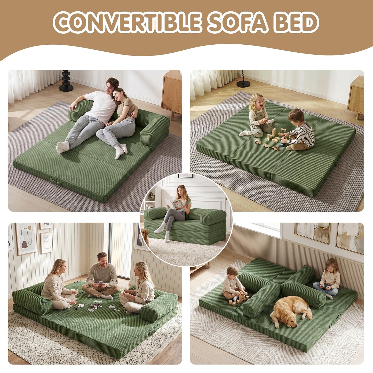 Convertible Sofa Bed,60" Boneless Couch,Tri Folding Floor Mattress with Removable L-Shaped Armrests & Handle,Corduroy Futon Couch Sleeper with Pull Out Bed for Living Room Bedroom Apartment