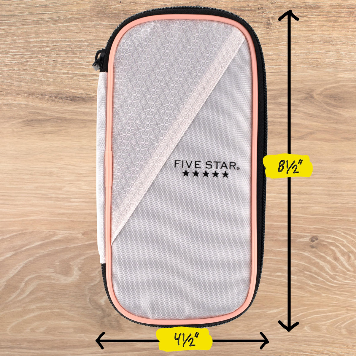 Five Star Pencil Pouch Zipper High-Capacity Storage Organizer Case for Office Supplies Earbuds Chargers Cables Makeup, Tan/Pink (500212C)