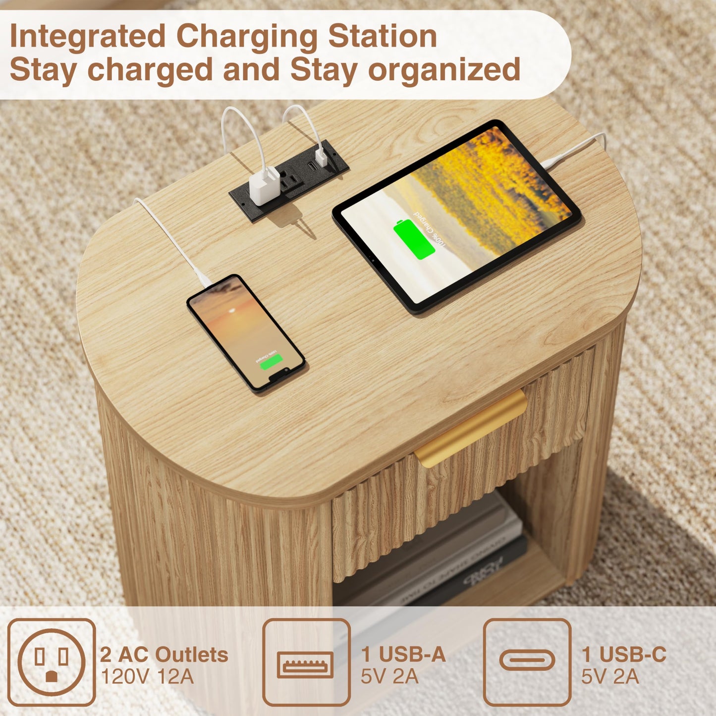 Fluted Nightstand with Charging Station, 23.6" Large Bedside Side Table with Drawer, Wood End Table with Storage, Curved Round Corner, Furniture Bedroom Sofa, Mid Century Modern, Farmhouse Boho,Oak