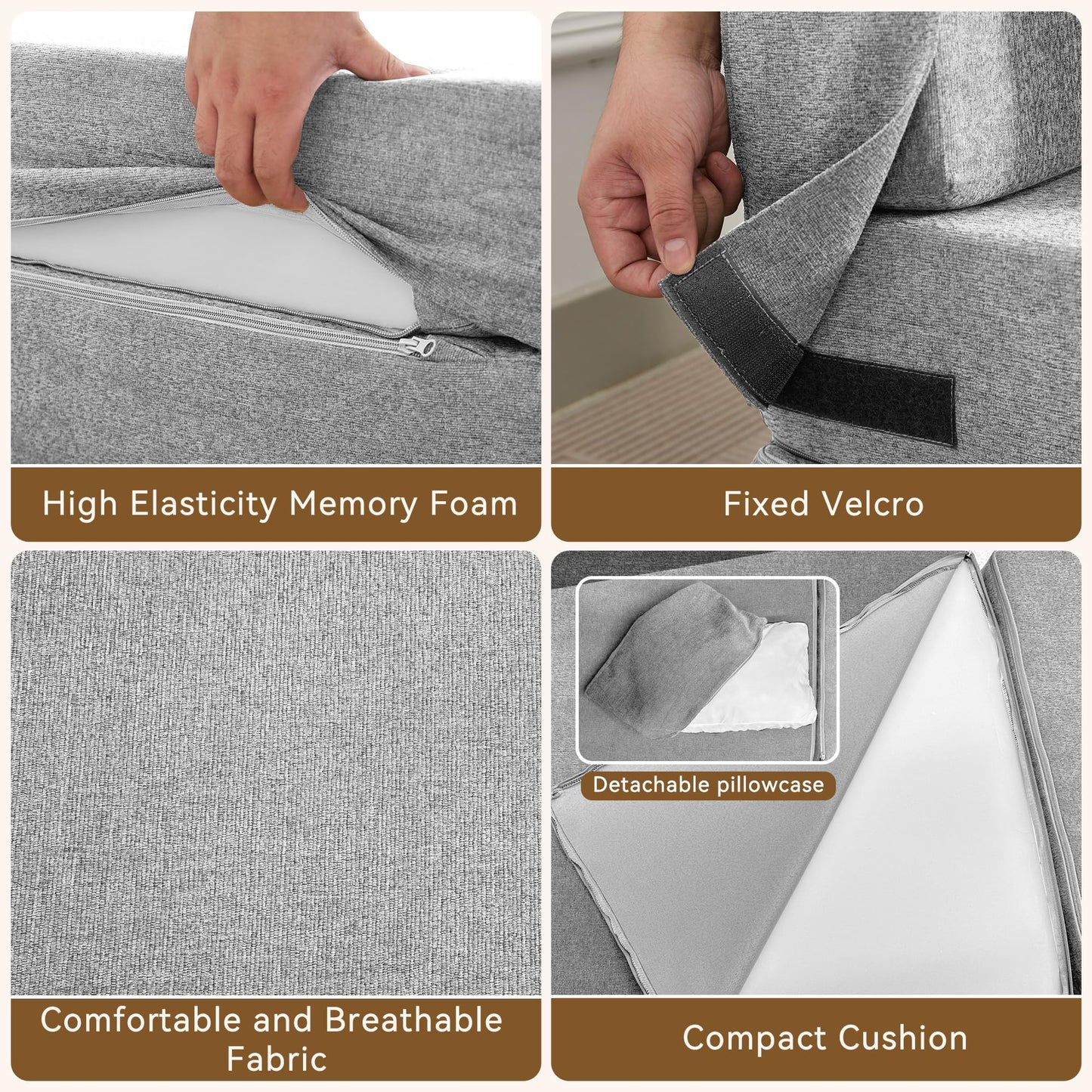 WUTUTUEE Folding Sofa Bed Convertible Floor Couch Foldable Chair Bed with Pillow，Linen Sleeper Chair Futon,Foldable Memory Foam Mattress for Bedroom/Living Room/Dorm/Office (Light Grey, Single)
