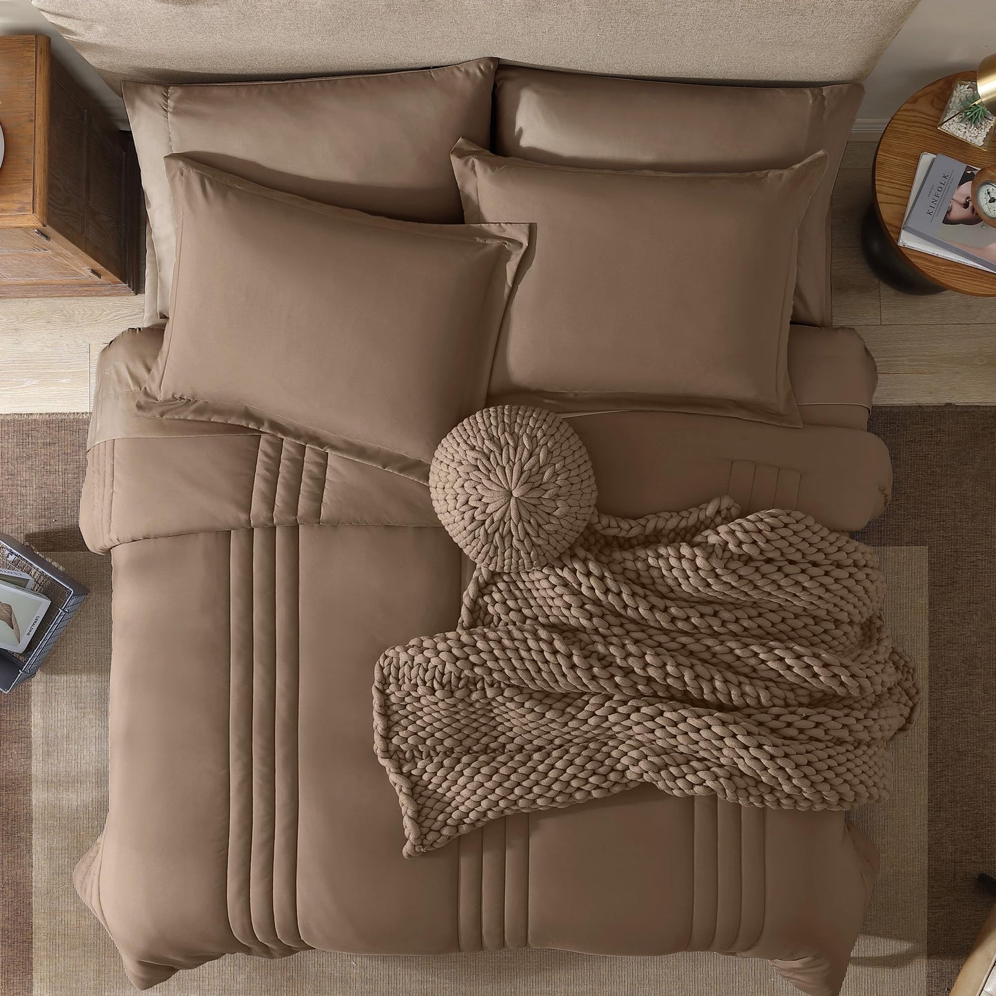 Monbix King Size Comforter Set - 7 Pieces Bed in a Bag King, Raw Umber King Bedding Sets with Comforter, All Seasons Comforter Bed Set with Sheets, Pillowcases & Shams