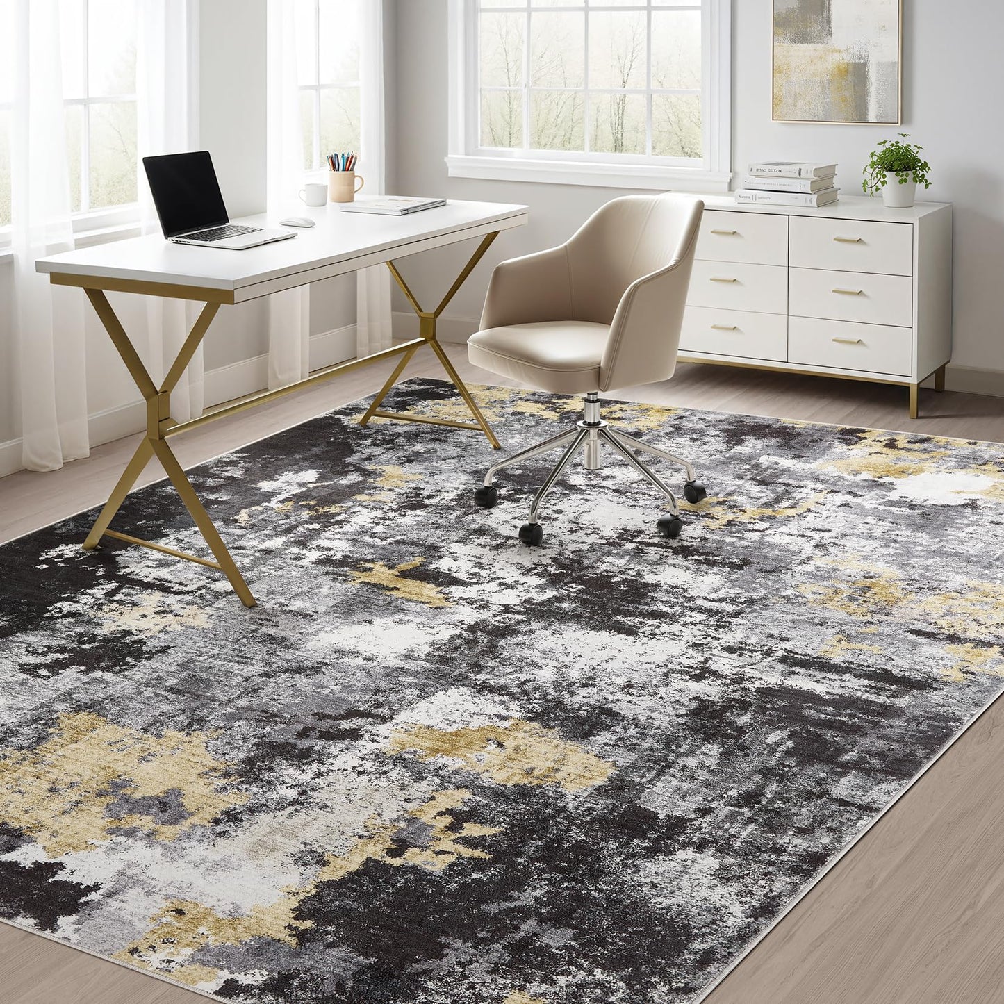 TARANCH Abstract 10x14 Area Rug: Machine Washable Non Slip Ultra Thin Low-Pile Carpet, Soft Stain Resistant for Living Dining Room Bedroom, Kid Pet Friendly, Robot Vacuum Compatible - Black Gold