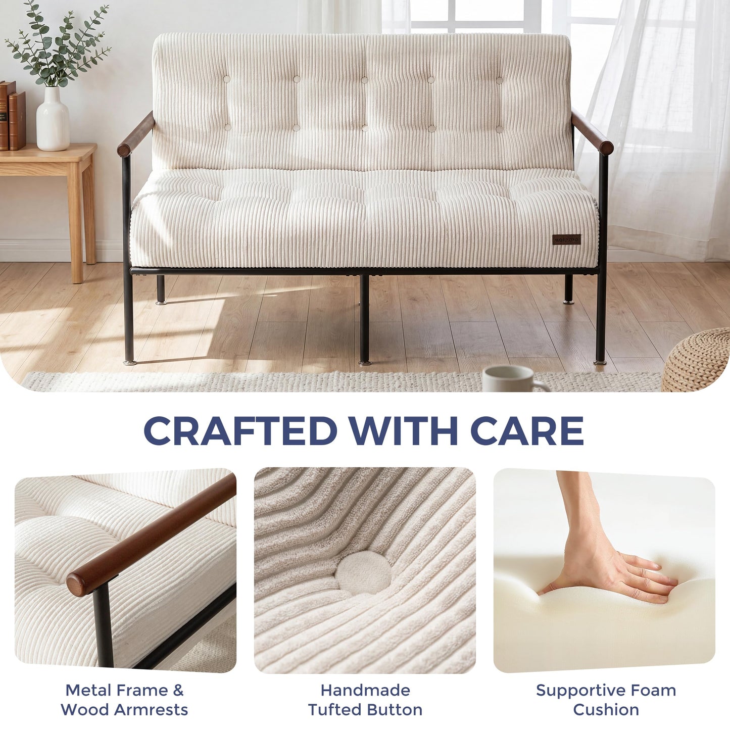 MAXYOYO Loveseat Sofa, Button Tufted Upholstered Small Couch for Living Room, Modern Love Seat Couches with Metal Frame & Wood Armrests for Bedroom Office, Easy to Install, Beige