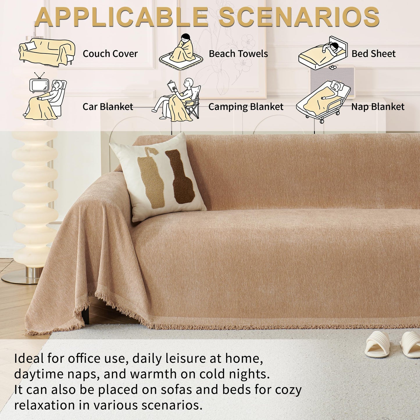 KaviKon Sectional Couch Covers 2-Piece for L Shape Sofa, Chenille Washable Sofa Cover for 2-3 Cushion Couch, Non-Slip Furniture Protector for Dogs,Pets, Soft Couch Blanket Slipcovers Sets (L-Khaki)