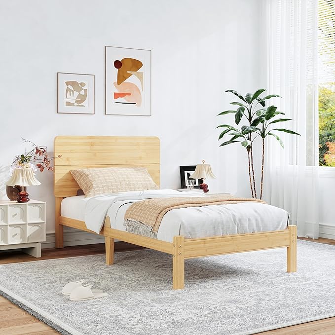 BOSRII 12in High Solid Bamboo Wood Platform Twin Size Bed Frame