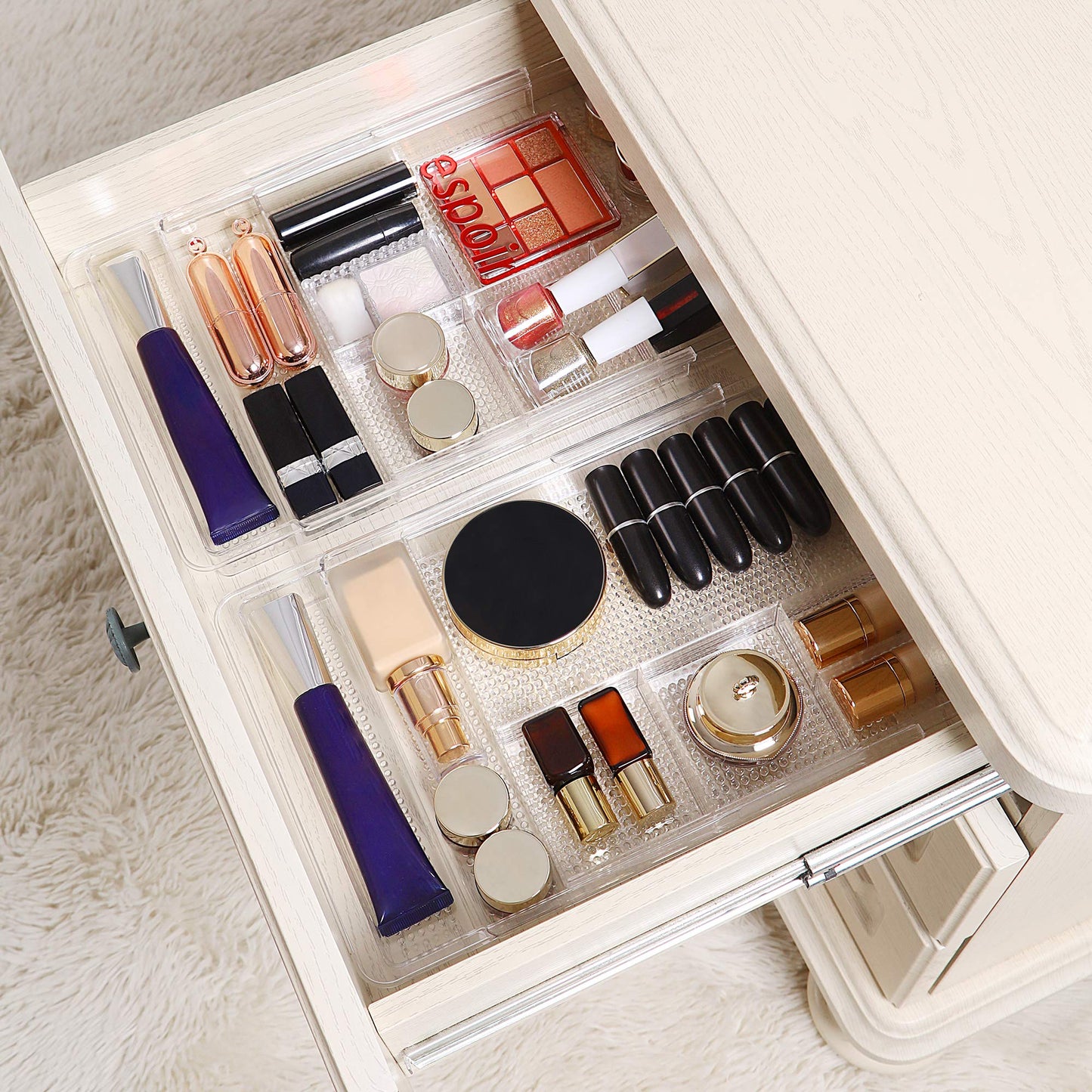 Oubonun Expandable Drawer Organizer 11.1” to 19.2” Width, Shallow Cosmetic Organizer 1.3” Height, 2 Packs, Clear Plastic Storage Trays for Dressing Table,Bathroom