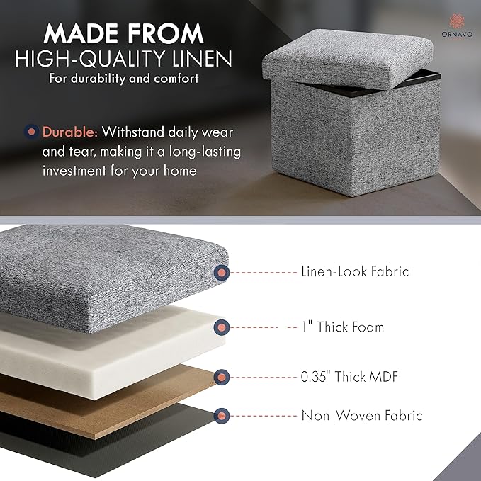 Ornavo Home Small Storage Ottoman Foldable Collapsible Cube Square Linen
