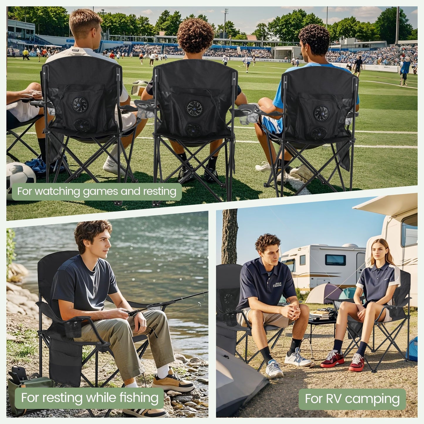 2 Pack Camping Chairs with Fan, Lightweight Camp Chair 300LBS Portable Foldable Chairs for Adults & Teens, Compact with Carry Bag for Camping, Beach, Picnics, Outdoor
