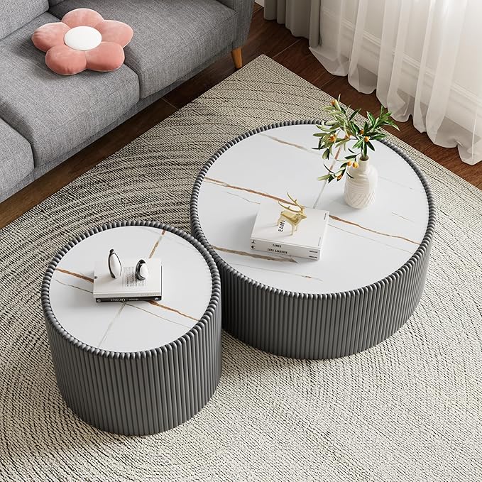 Round Marble Coffee Table Set of 2, 2 Piece White Coffee Table and End Table Set