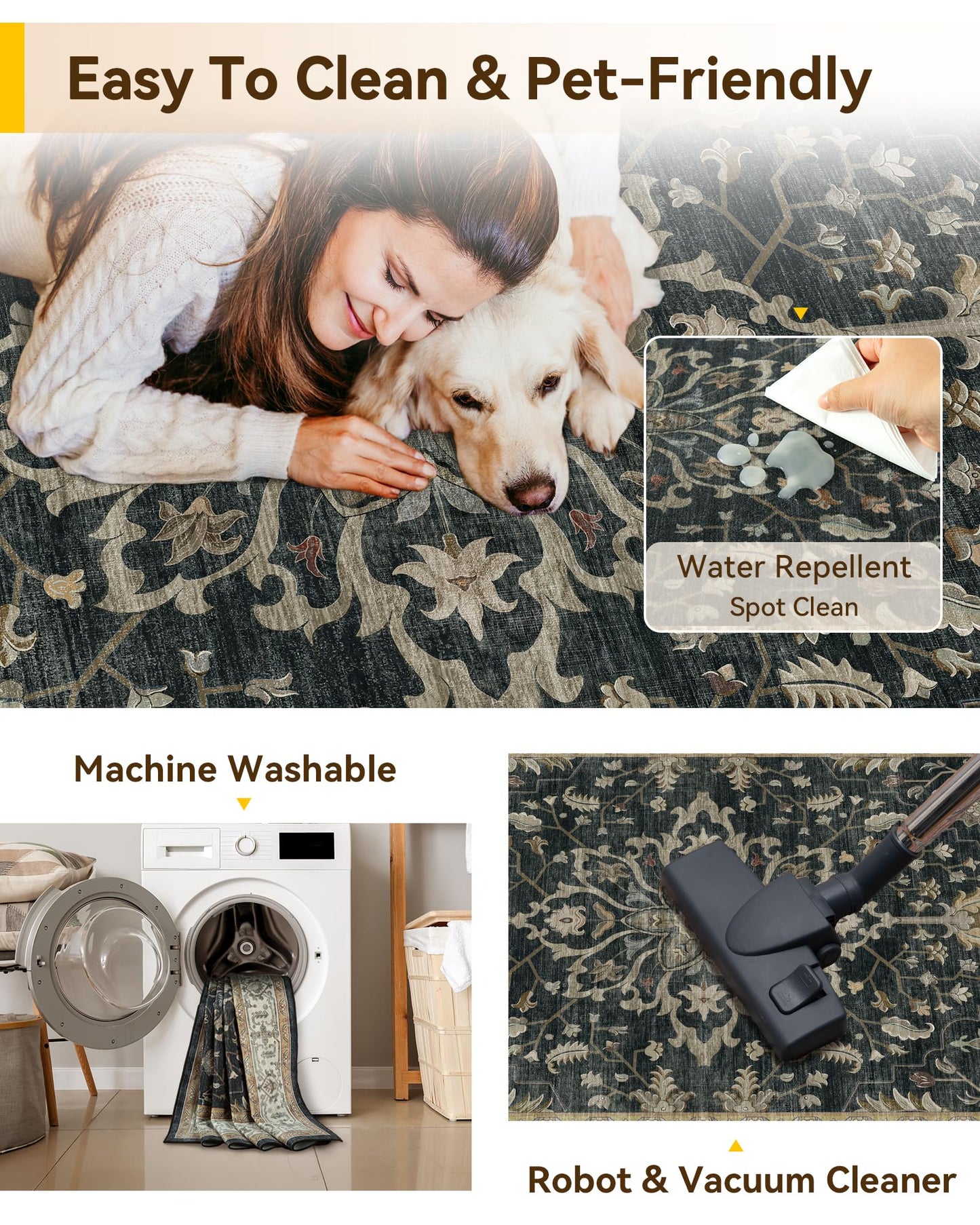 RELEANY Area Rugs 8'x10' Washable Non-Slip, Floral Vintage Distress Medallion Carpet for Living Room Bedroom Dining Room, Vintage Black Brown Neutral