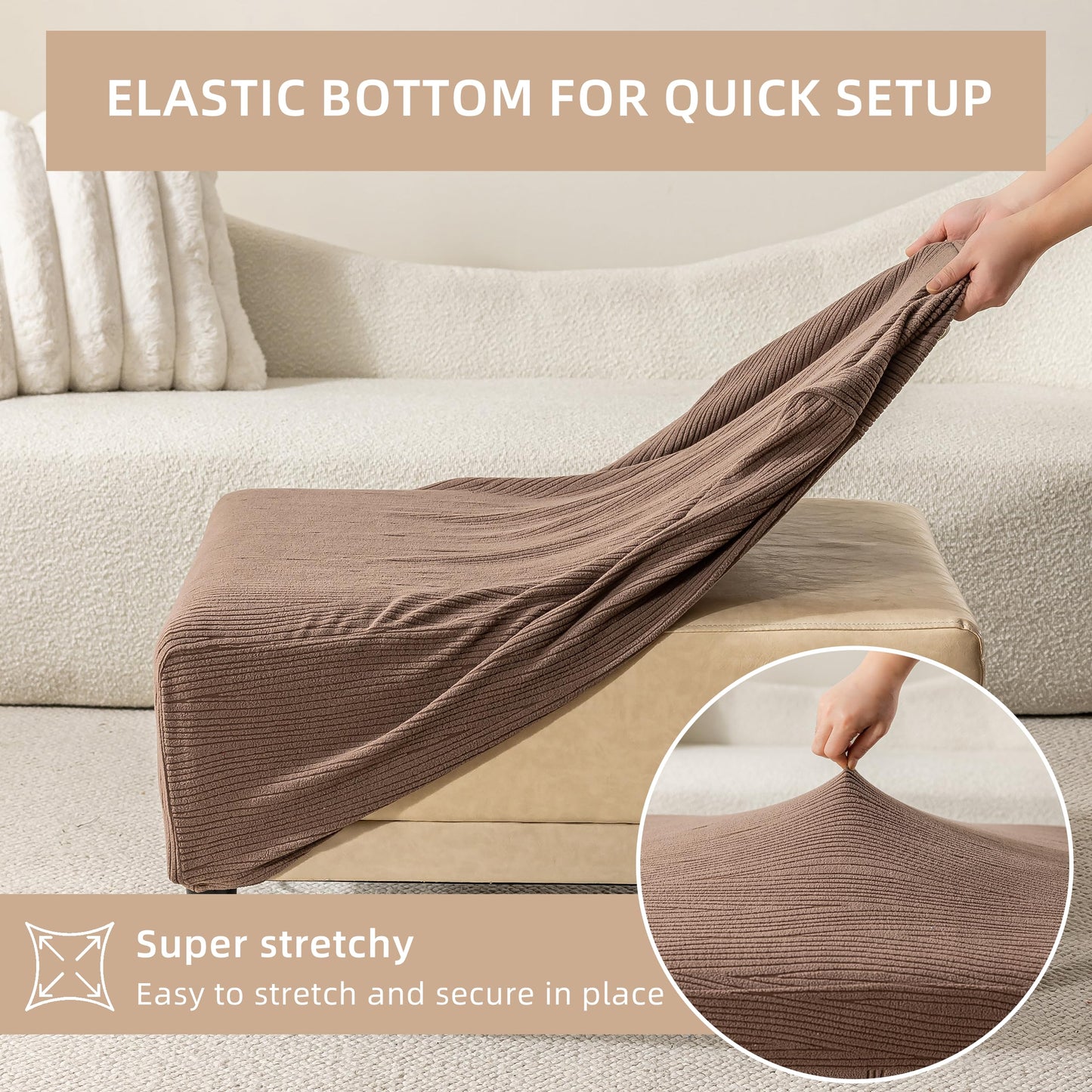 KaviKon Ottoman Cover Slipcover Rectangle Fit Length 25"-30" Stretch Foot Stool Slip Cover, Footrest Slipcovers Protector with Elastic Band, Ottoman Cover Removable Washable(Small,Slanted Rib Coffee)