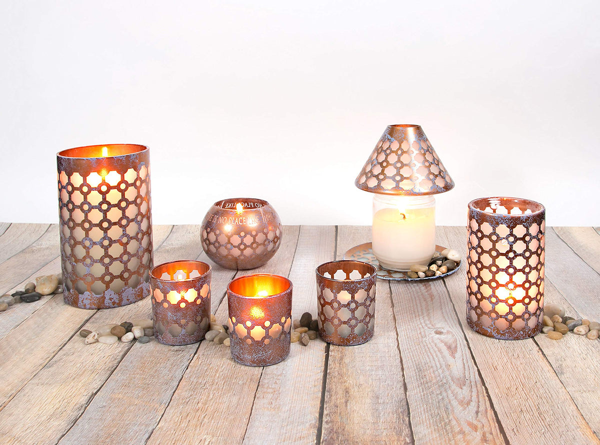 Pavilion - Bronze and Purple Sponge Patterned Frosted Glass Set of 3 Patterned Tealight Candle Holders