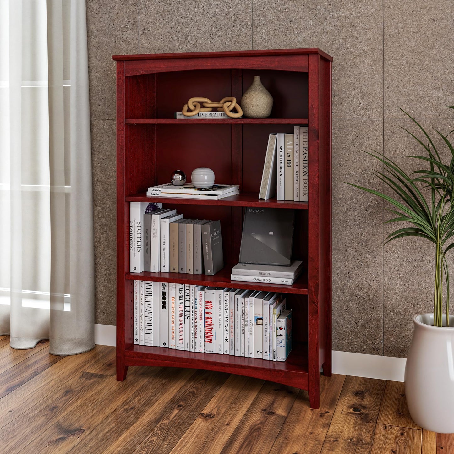 Camaflexi Shaker Style 4 Shelf Bookcase/Solid Wood / 48" High/Adjustable Shelving/Closed Back/Display Bookshelf for Living Room, Bedroom, Home and Office, Red Garnet Stain
