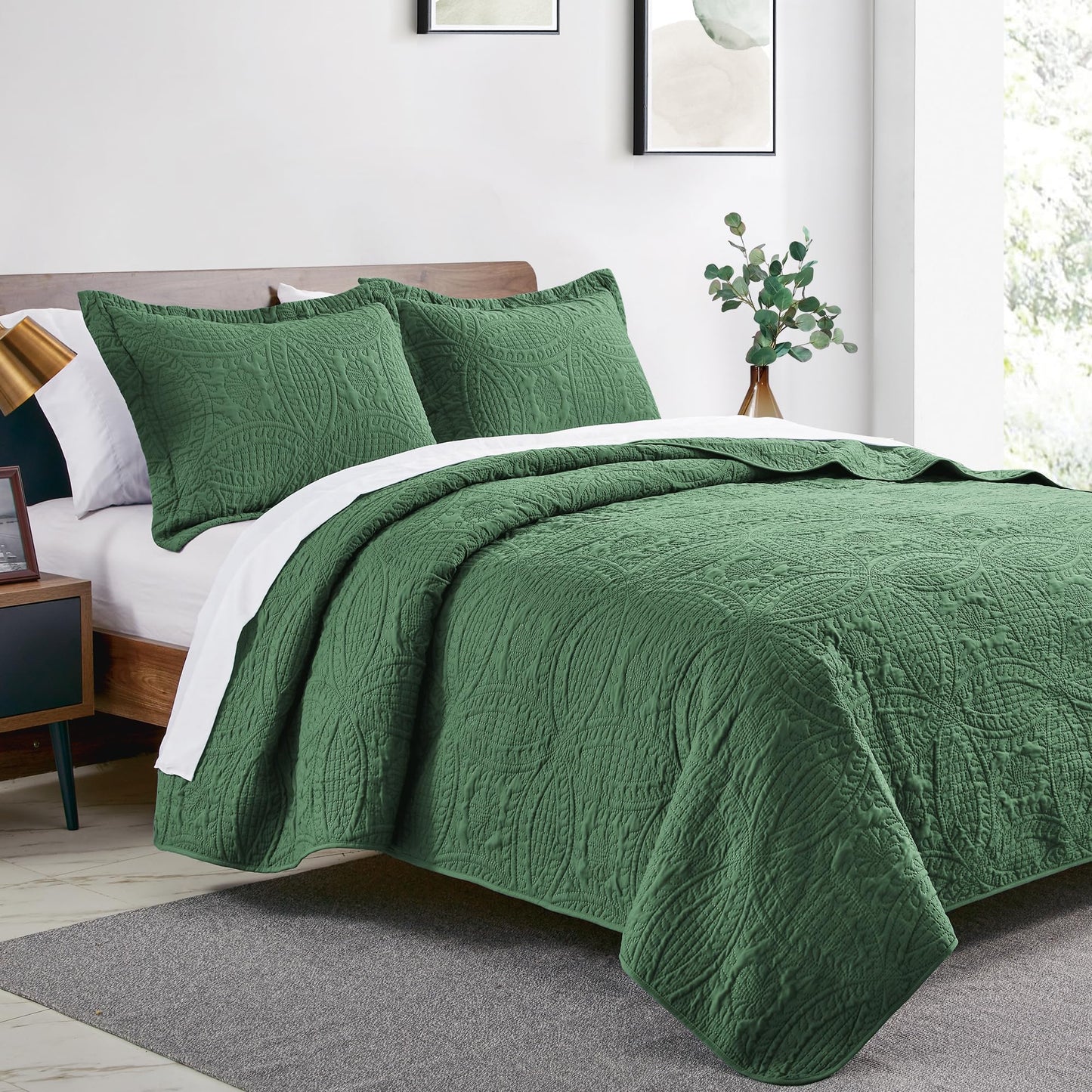 Love's cabin Quilts for Queen Bed Dark Green Bedspreads - Soft Bed Summer Lightweight Bedspread Comforter - Modern Style Coin Pattern Coverlet for All Season - 3 Pieces (1 Quilt, 2 Pillow Shams)