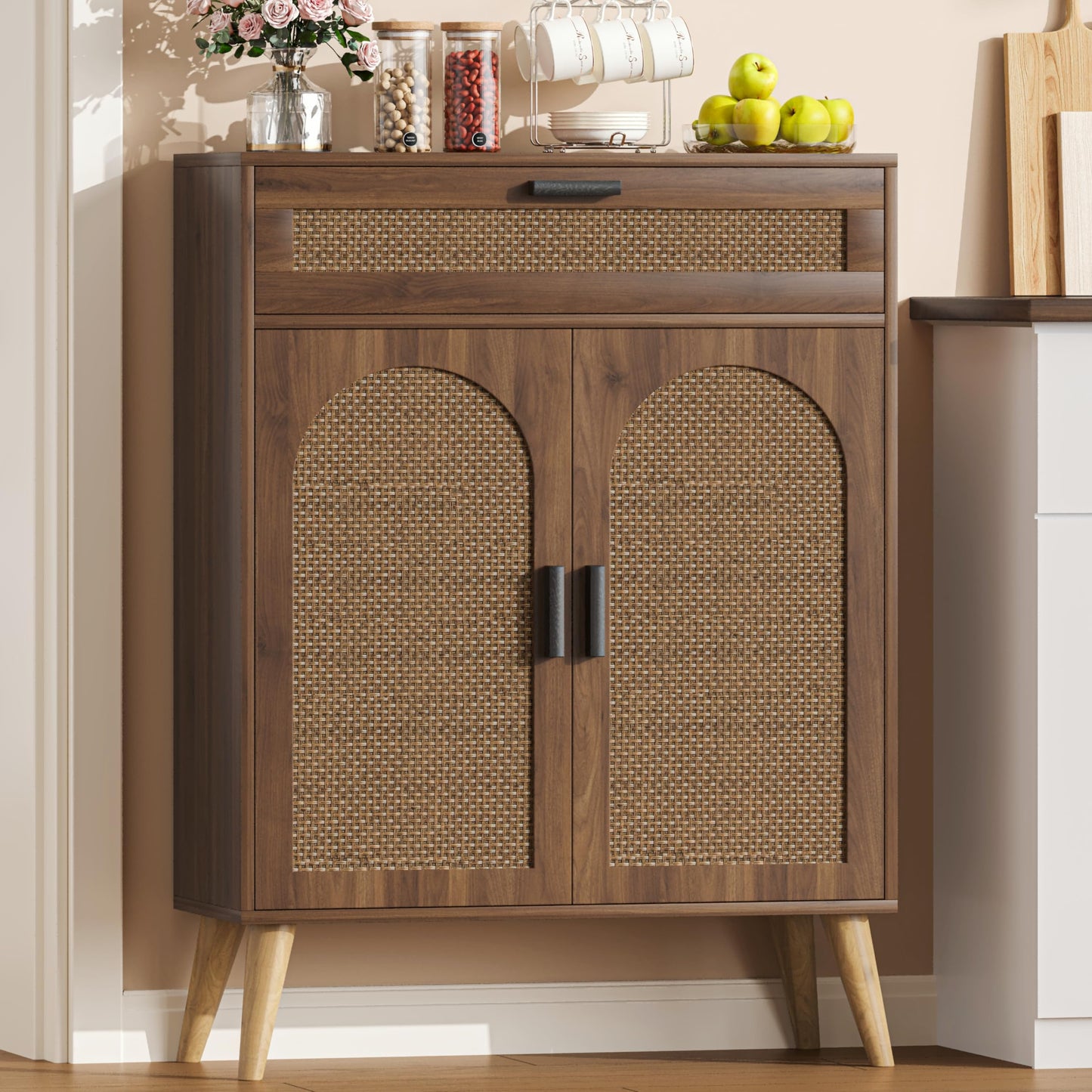 Kaiershi Rattan Buffet Cabinet with Storage, Sideboard with Drawer & Adjustable Shelf, Accent Kitchen Floor Storage Cabinet with 2 Doors & Solid Wood Feet, Coffee Bar for Living Room, Entryway, Walnut