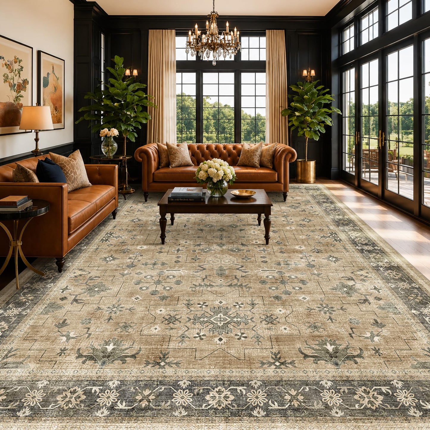 Warm Taupe Sage 9x12 Living Room Rug - Vintage Extra Large Area Rugs for Dining Room Under Table, Washable Low Pile Carpet for Bedroom Under the Bed, Non-Slip Stain & Fade Resistant