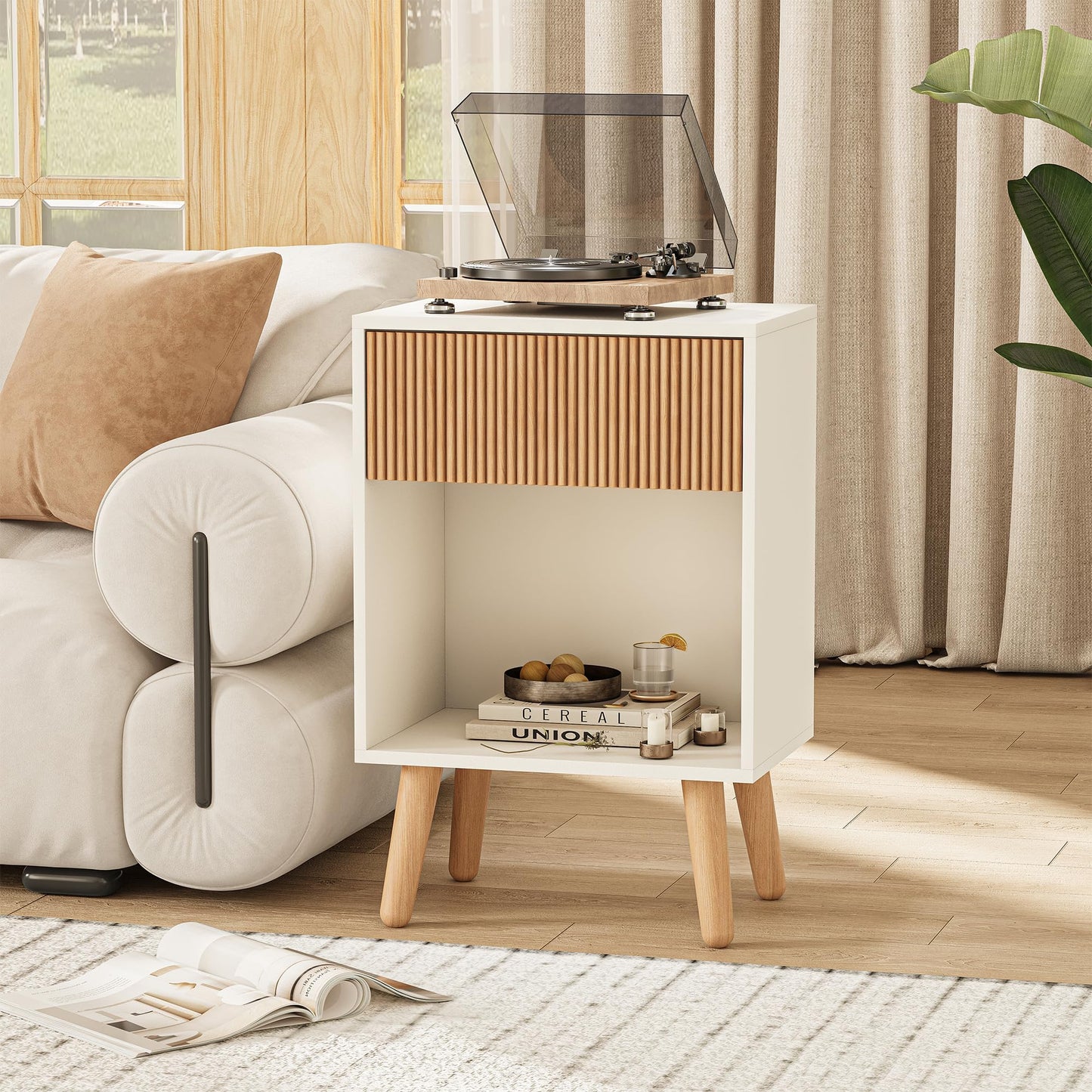 Fluted Nightstand, Modern Bedside Table with Storage Drawers and Open Wood Shelf, Night Stand with Solid Wood Legs, End Tables Side Tables for Living Room, Bedroom