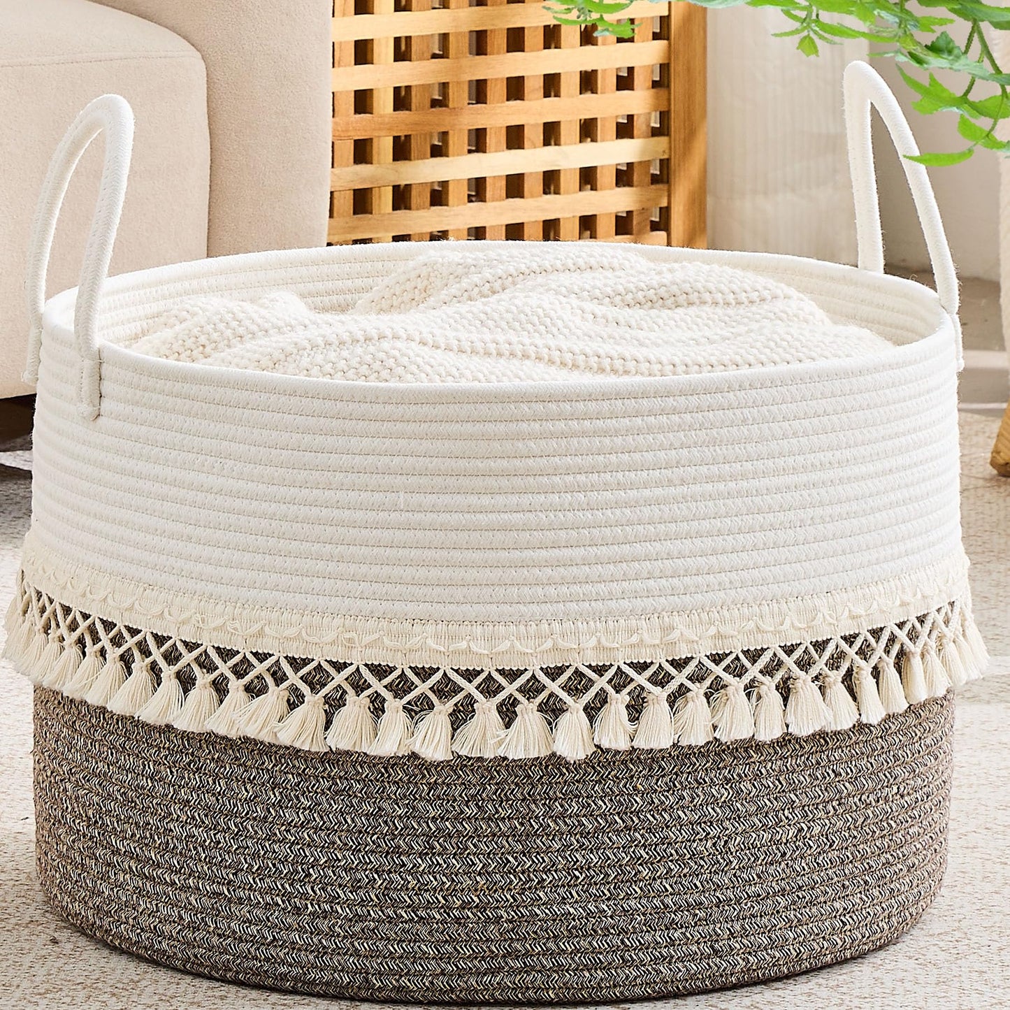 KAKAMAY Cotton Rope Storage Basket (20"x13"),Woven Hamper for Blankets,Toys,Pillows,Clothes,Laundry,Sturdy Handles Decorative Basket for Living Room, Bedroom,Nursery(Beige Fringe)
