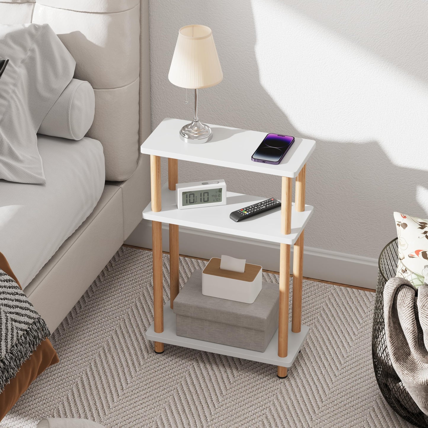 Apicizon 3 Tier End Table, Narrow Side Table with Storage Shelf, Bedroom, Living Room, Entryway, Farmhouse, White and Natural