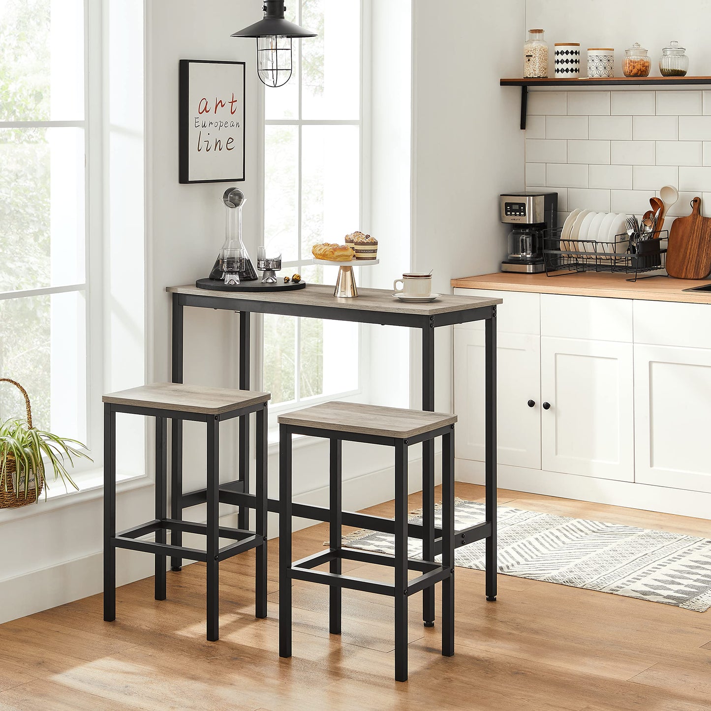 VASAGLE Bar Stools Set of 2, Bar Chairs, Kitchen Breakfast Bar Stools with Footrest, 25.6 Inch Tall, Industrial in Living Room, Party Room, Greige and Black ULBC065B02