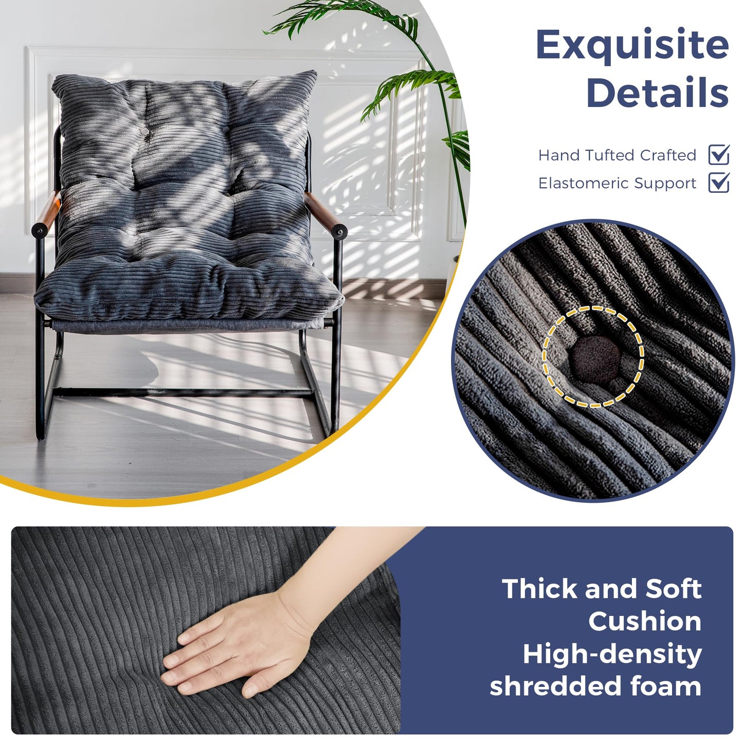 MAXYOYO Modern Accent Chair, Comfy Living Room Chair with Metal Frame Wooden Armrest, Upholstered Armchair with Soft Cushion for Bedroom Balcony Lounge Reading Room, Dark Grey