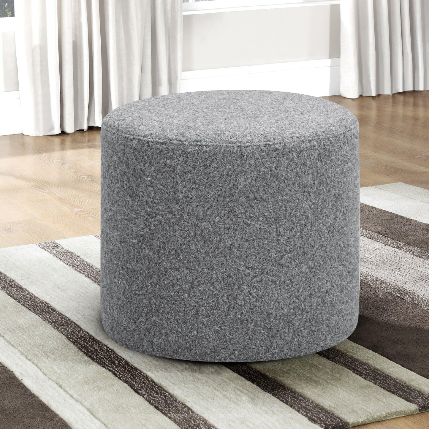 Studio Living Wentworth 19" Round Ottoman, Urban Transitional, Fully Assembled, Faux Sherpa Fabric, Gray