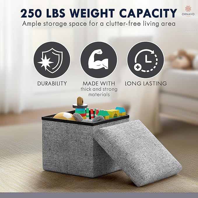 Ornavo Home Small Storage Ottoman Foldable Collapsible Cube Square Linen
