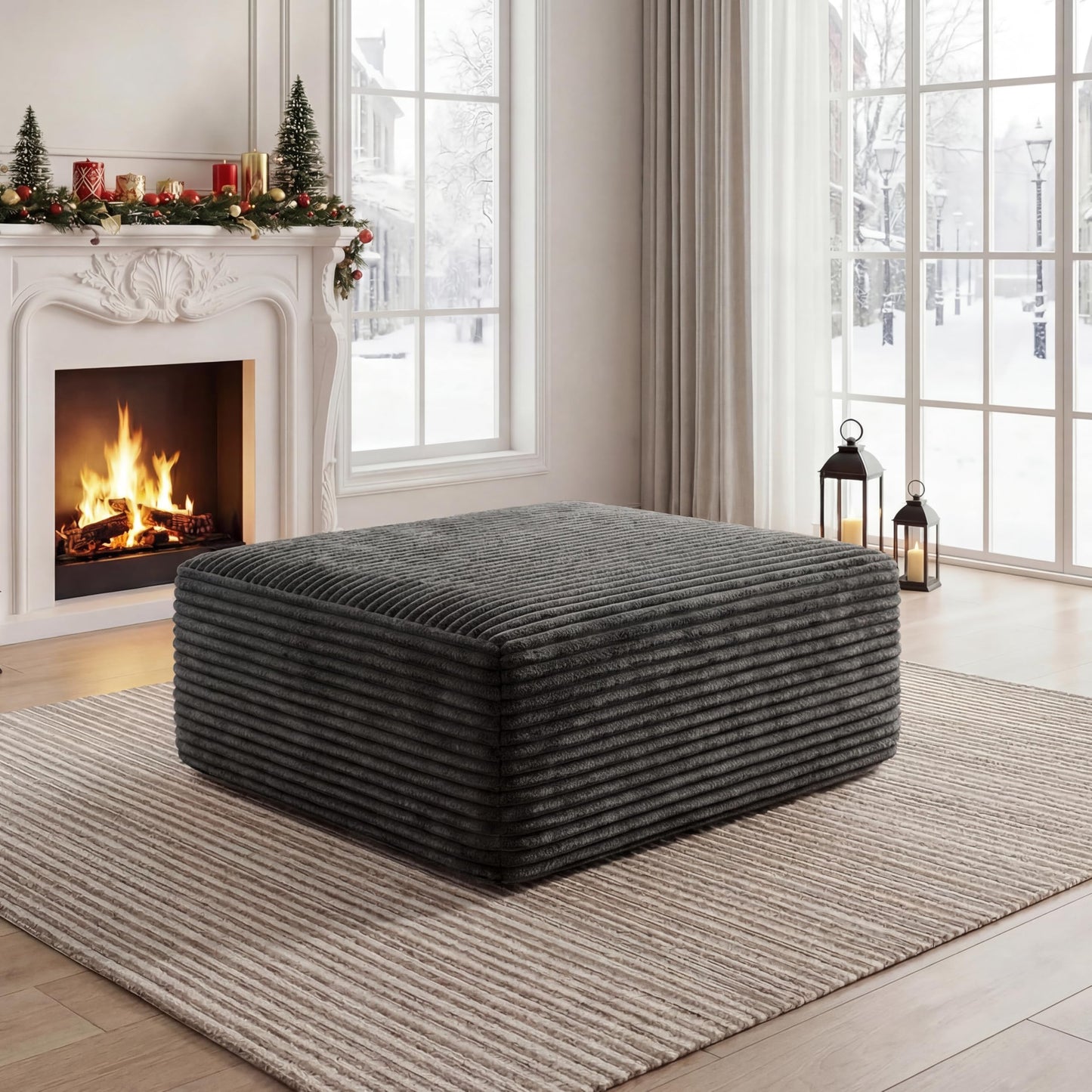 Corduroy Ottoman, Modern Boneless Cloud Foot Rest Foam Support, Oversized Modular Sectional Sofa Stool for Living Room, Bedroom & Small Spaces, No Assembly Required (Drak Gray, Ottoman)
